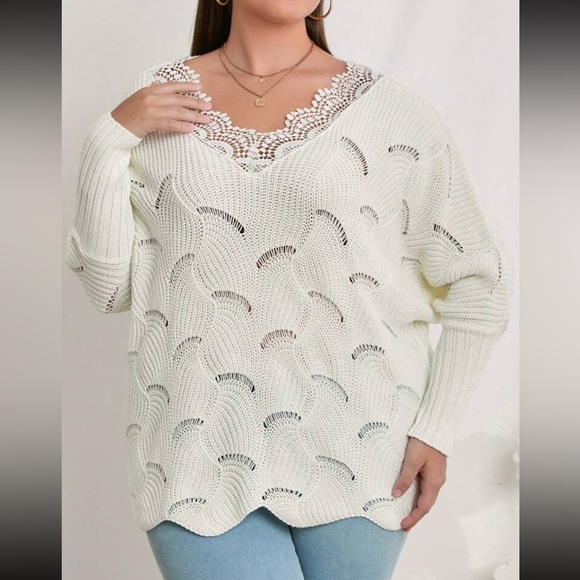 Boho Sheer Mesh Lace V Neck Long Cuff Sleeve Knit Sweater Top - Picture 5 of 5